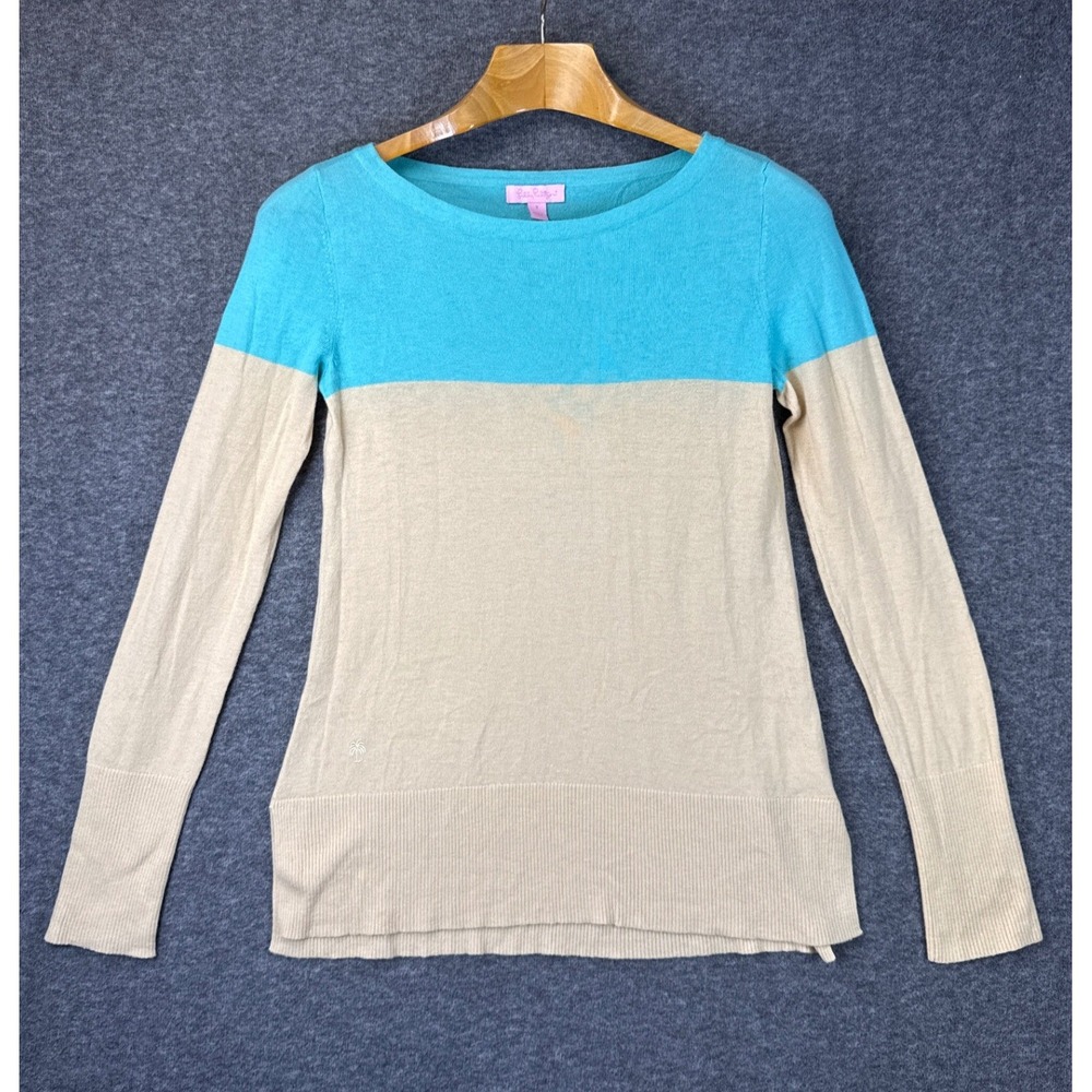 Lilly Pulitzer Debra Sweater Womens S Blue Beige Preppy Wool Blend Chic Pullover